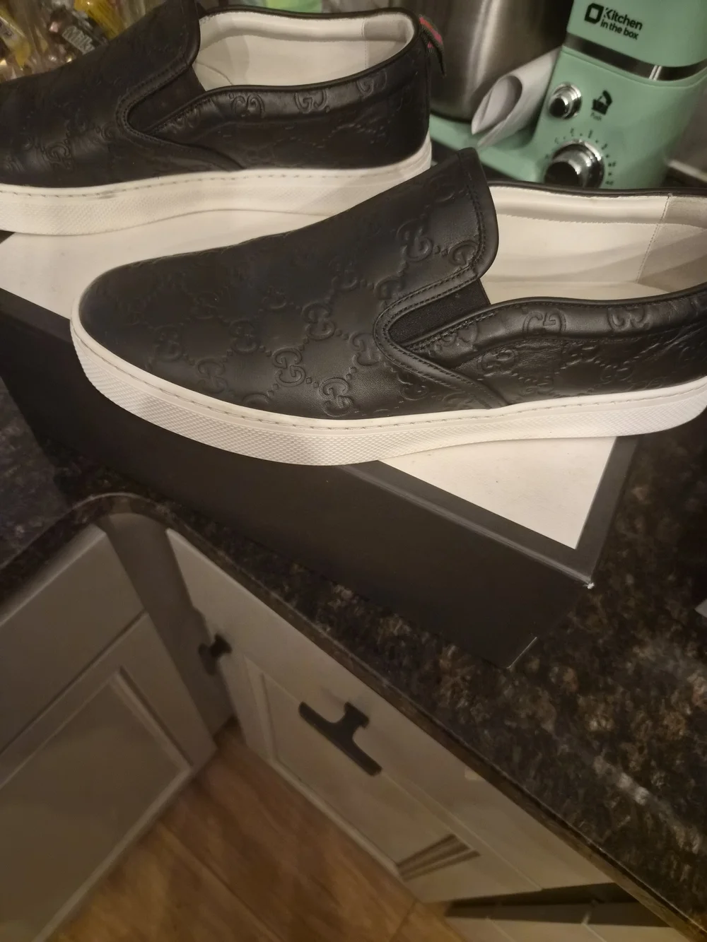 Gucci Black Embossed GG Leather Slip-On Sneakers with White Sole